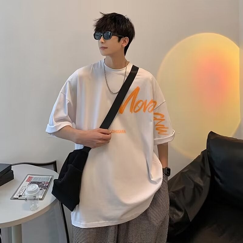 150Kg Short-Sleeved T-Shirt For Men, Trendy Brand, Summer Loose Fit, Five-Quarter Sleeves, New Style, Internet Celebrity Trend, Simple Printed Top - Image 5
